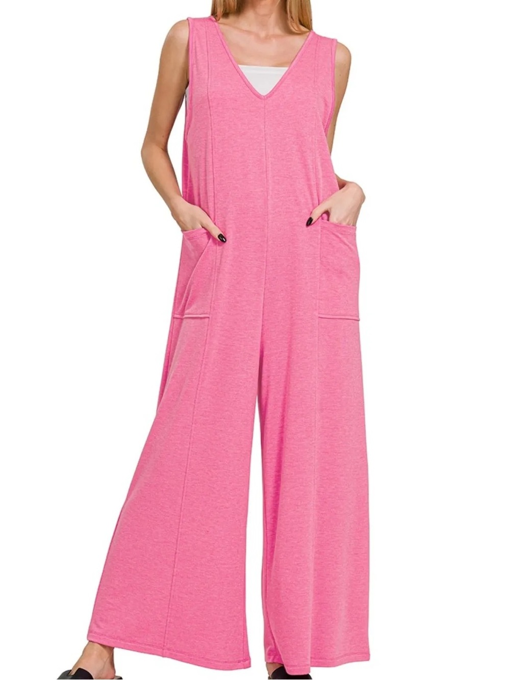 EUC🩷Zenana French Terry Deep V-Neck Jumpsuit Small Oversized Pink
